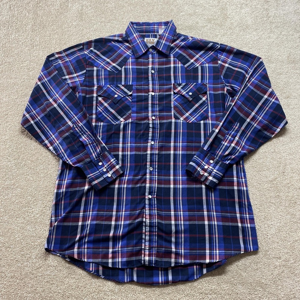 Ely Cattleman Shirt Mens Large Blue Red Plaid Western Pearl‎ Snap Cowboy Rodeo